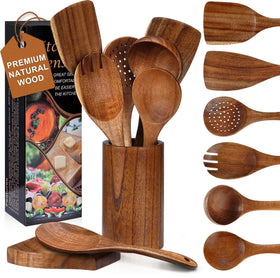 Unokit 8pc teak wooden utensils set for durable nonstick pan protection.