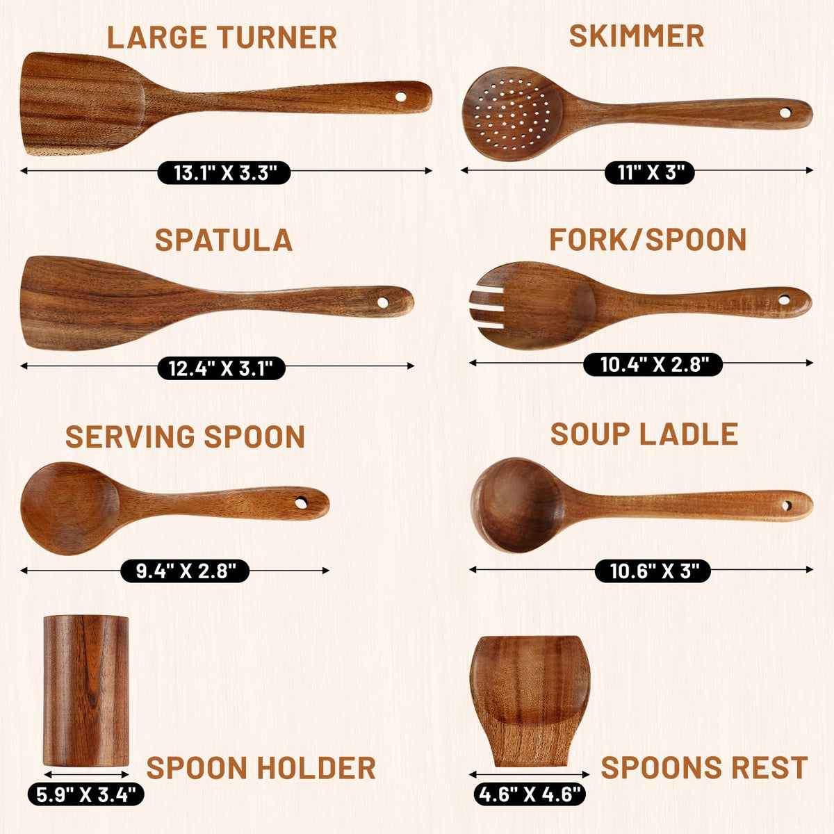 Unokit teak spoons and spatula offer comfortable grip for daily cooking.