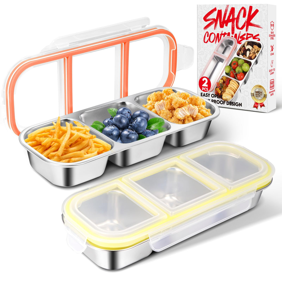 UPABLUNSO snack containers 2-pack with yellow-orange lids for organized, reusable lunch storage.