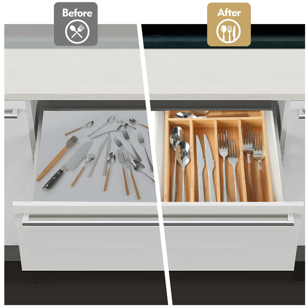 Upassion 5-compartment drawer divider enables at-a-glance utensil selection.