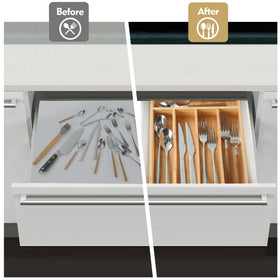 Upassion 5-compartment drawer divider enables at-a-glance utensil selection.