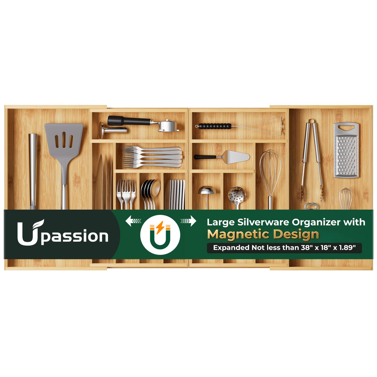 Upassion large silverware organizer extendable keeps utensils neatly organized in wide drawers.