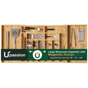 Upassion large silverware organizer extendable keeps utensils neatly organized in wide drawers.