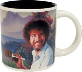 The Unemployed Philosophers Guild Bob Ross mug with a cold scene that calms morning moods.