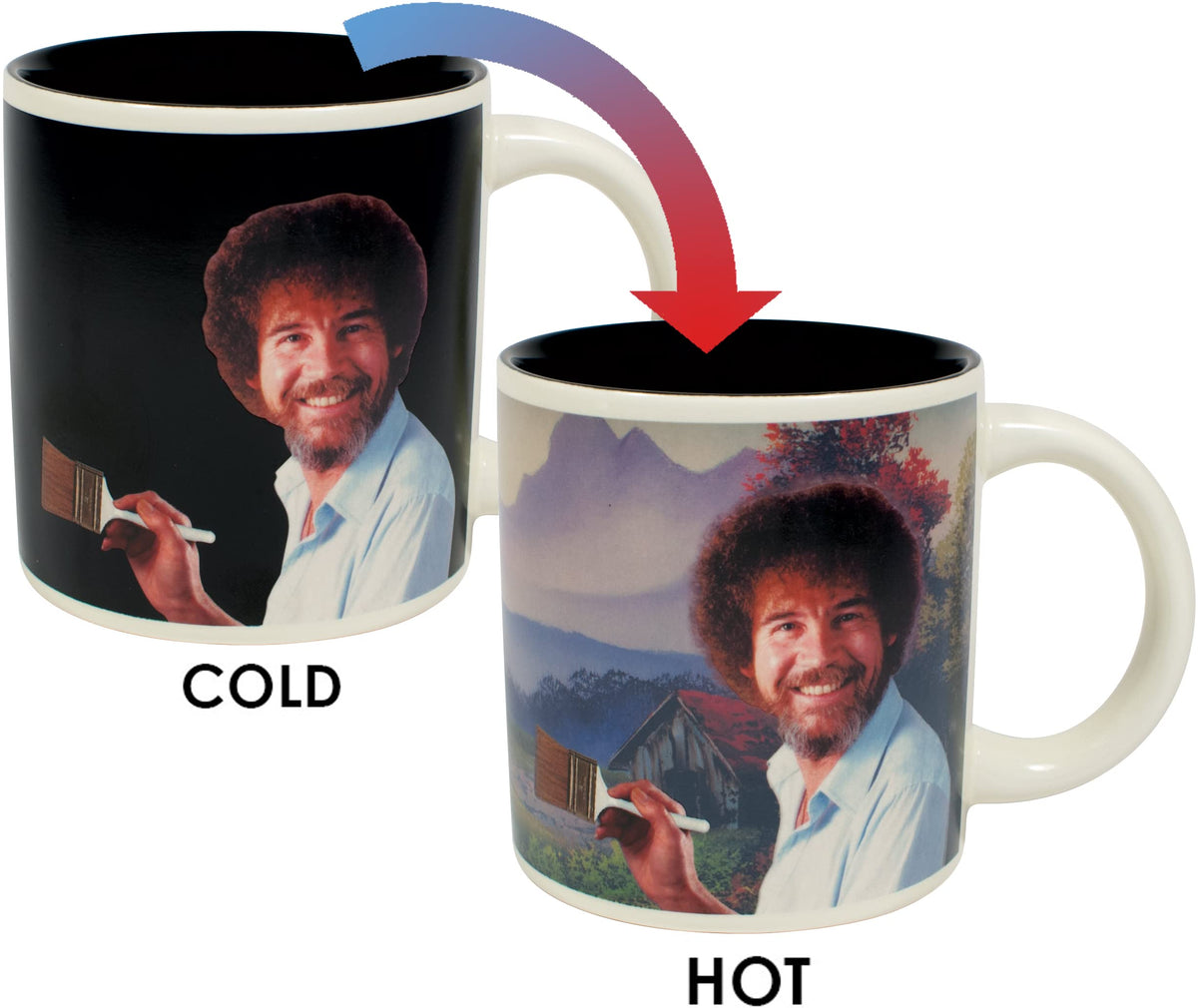 The Unemployed Philosophers Guild Bob Ross mug reveals painting when hot for inspiration.