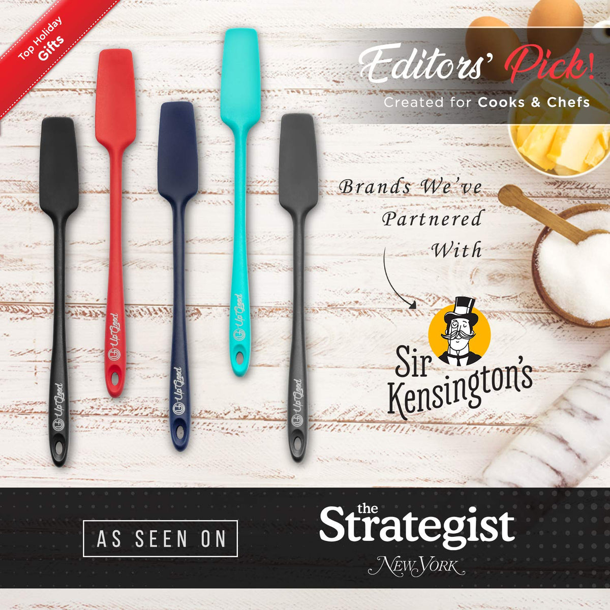 UpGood one-piece silicone spatula, a durable tool for jars and blenders.