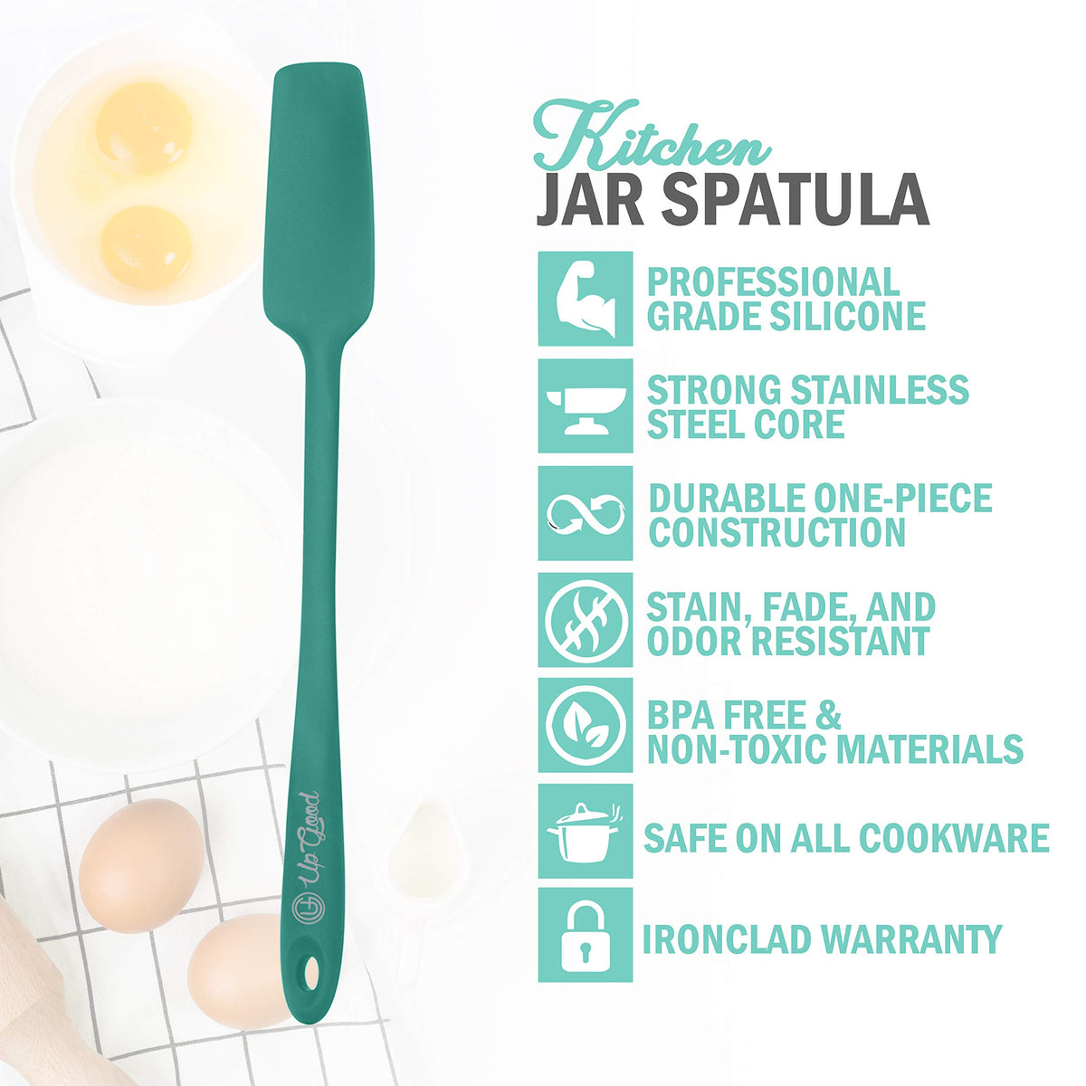 UpGood teal silicone jar spatula, stylish and nonstick-friendly for jars.