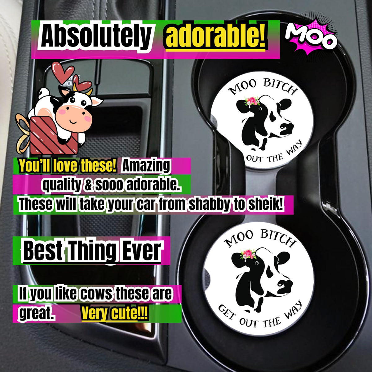 Car interior upgrade with UpnowPro cow decor coasters.