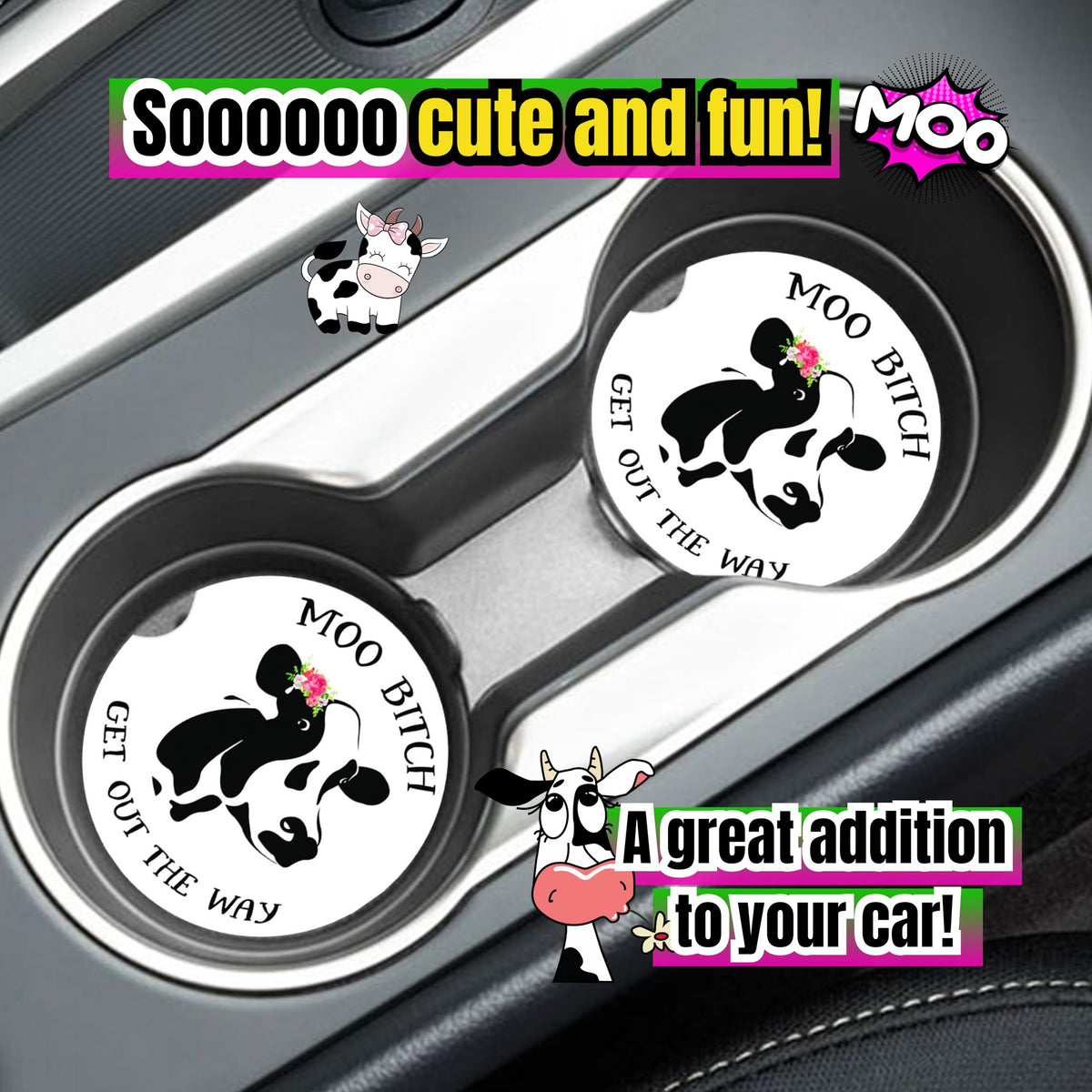 Two-pack cow print coaster set for everyday car use and style.
