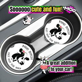 Two-pack cow print coaster set for everyday car use and style.