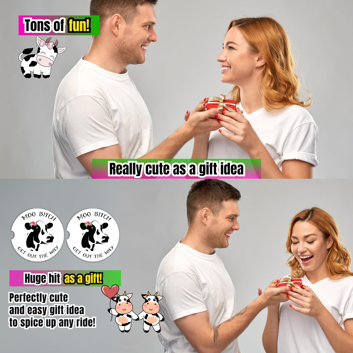 Gift-ready UpnowPro cow coasters come in a cute box.