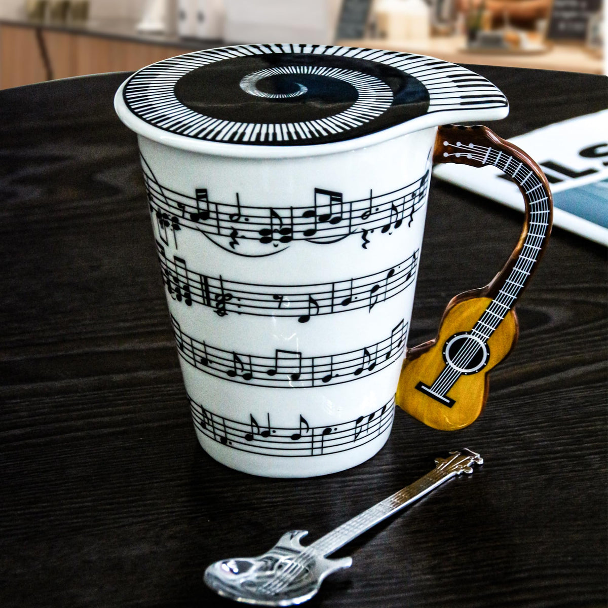 Upper Midland Products guitar mug set with spoon, ideal for desk decor and gift giving.