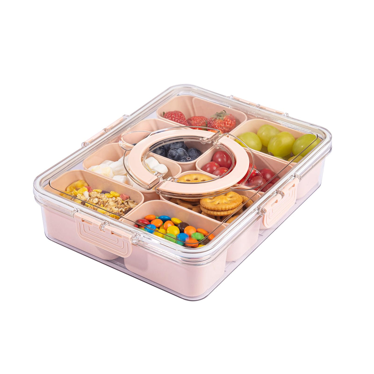 U-QE Snackle Box with pink lid and eight compartments for organized kid snacks.