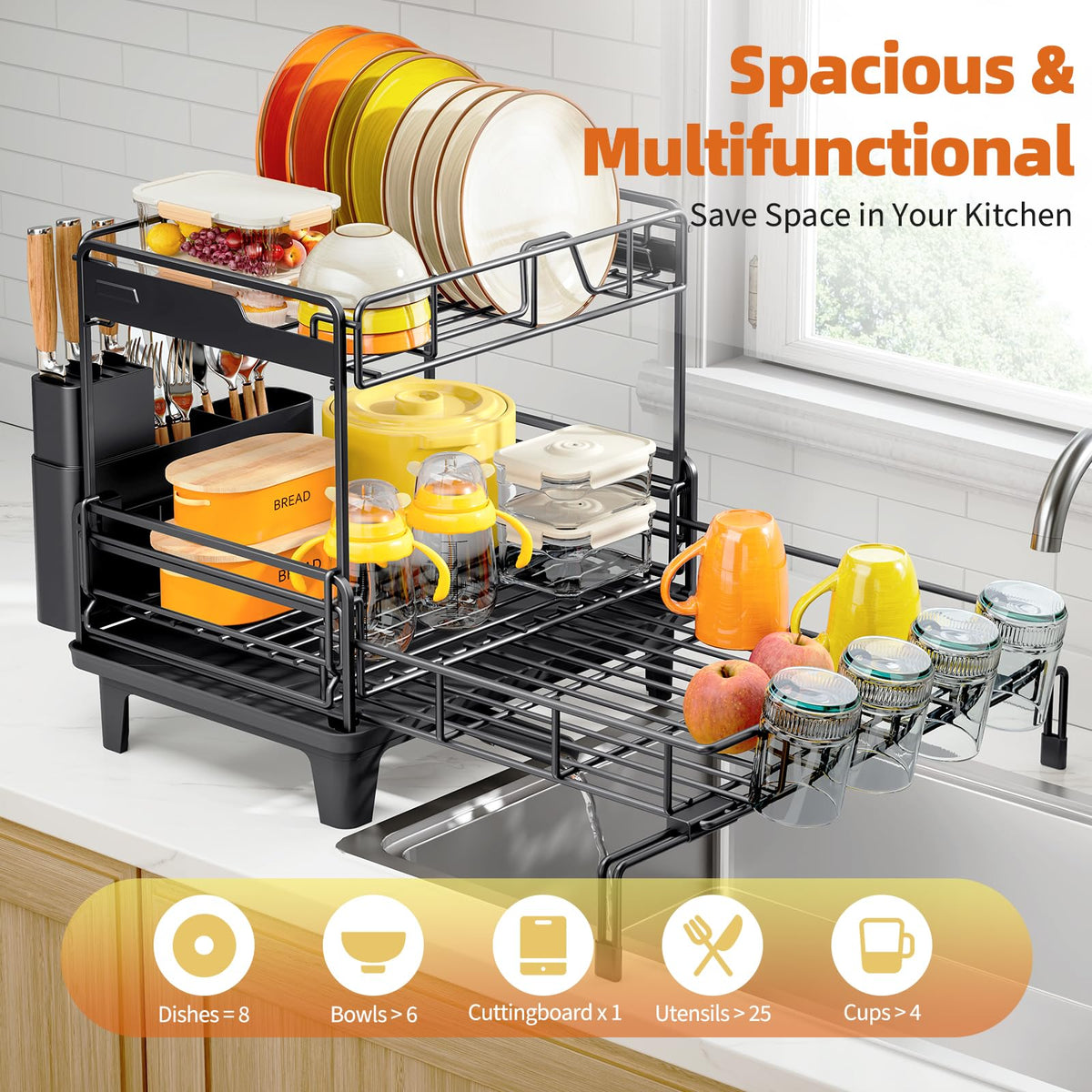 Urackify two-tier dish drying rack demonstrating large capacity for busy households.