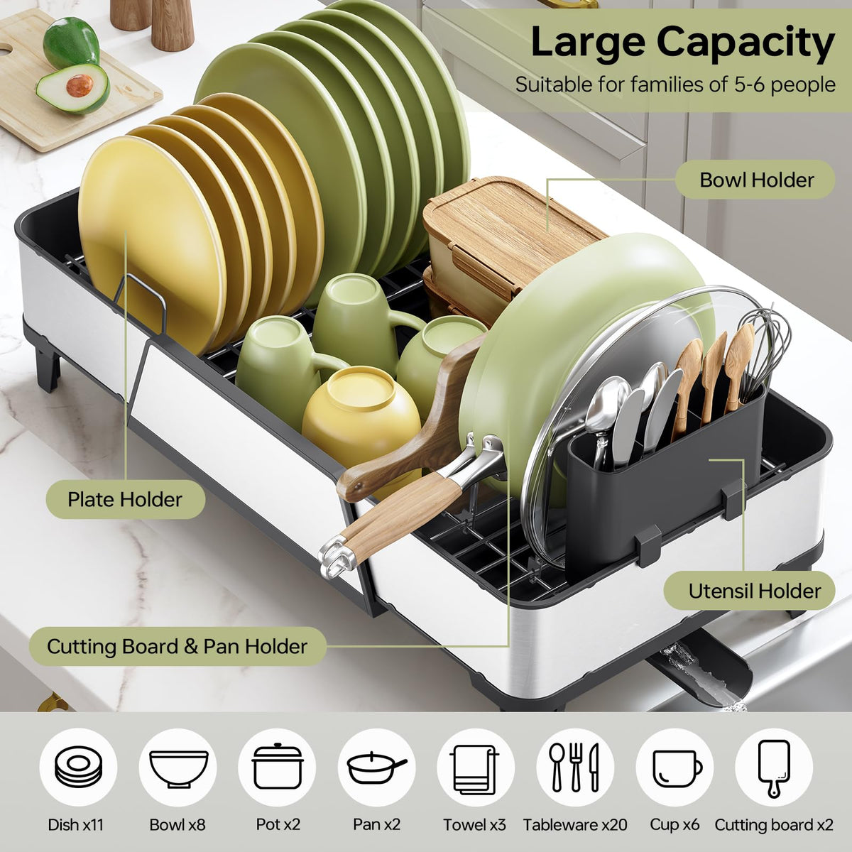 Urackify dish drying rack with eight legs for stable support on various sink setups