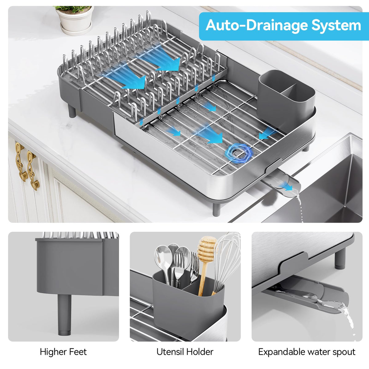 Urackify angled drain outlet guiding water into the sink