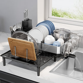Urackify dish drying rack on counter with dishes drying neatly, organized use case