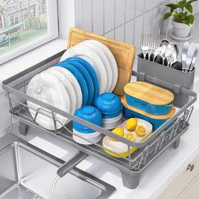 Urackify dish drying rack with drainboard demonstrates efficient water drainage on a clean counter