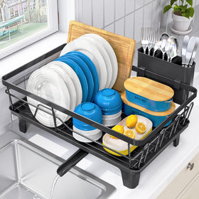 Urackify dish drying rack with drainboard keeping countertops tidy and organized.