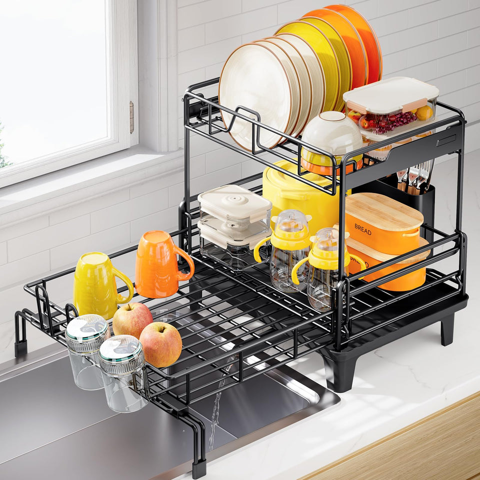 Urackify dish drying rack with extendable arms for flexible sink-to-counter setups and space saving.