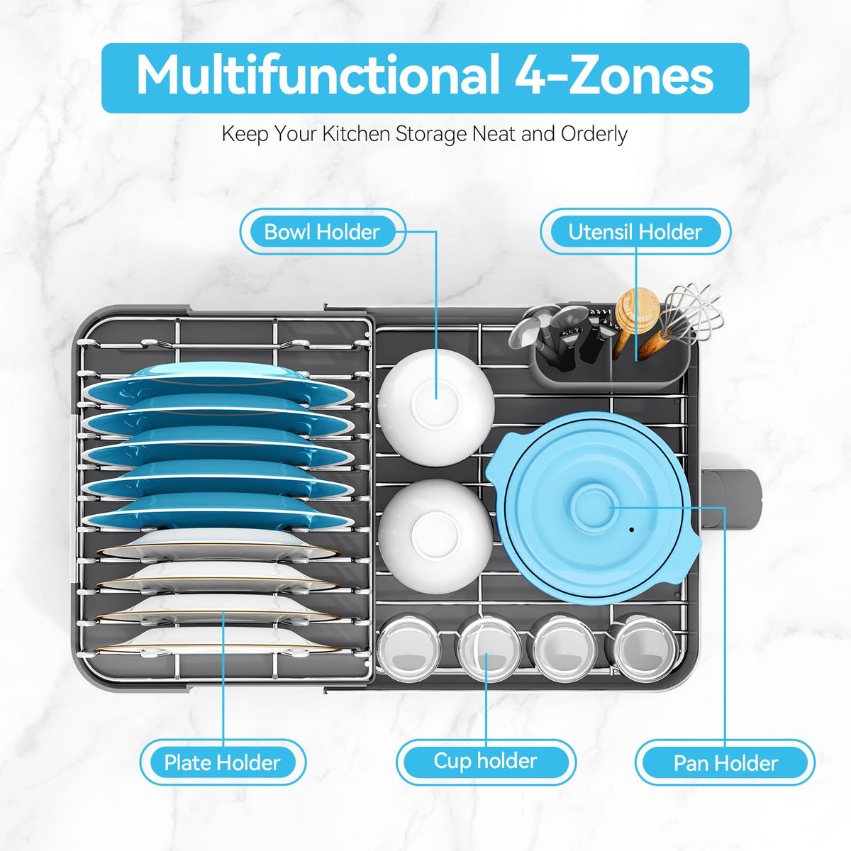 Urackify extendable dish rack showing expanded width for larger loads