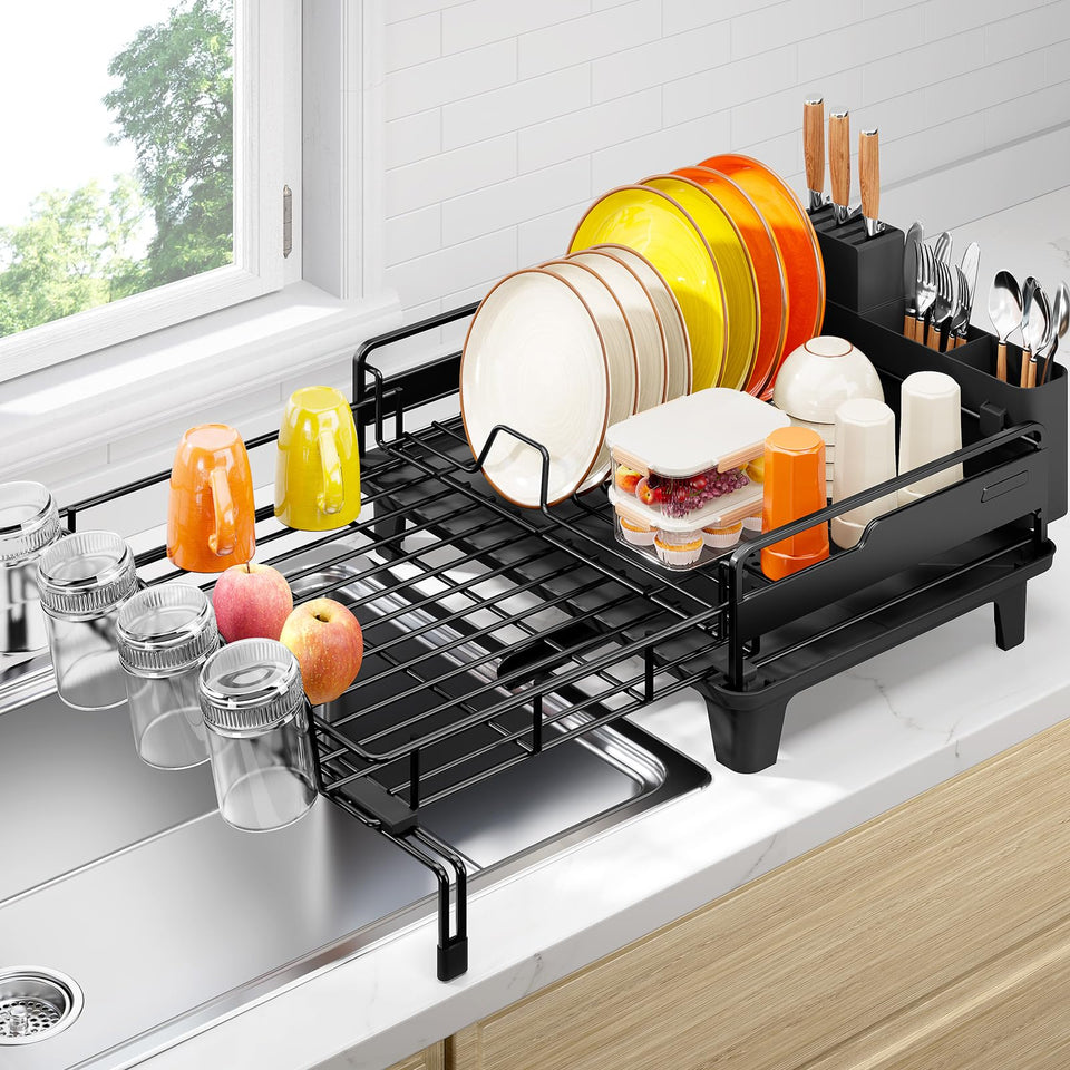 Urackify dish drying rack extendable shows extended length for extra capacity and faster drying