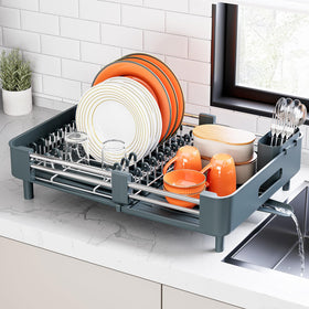 Urackify dish drying rack with extendable drainboard keeps counters tidy and dry.