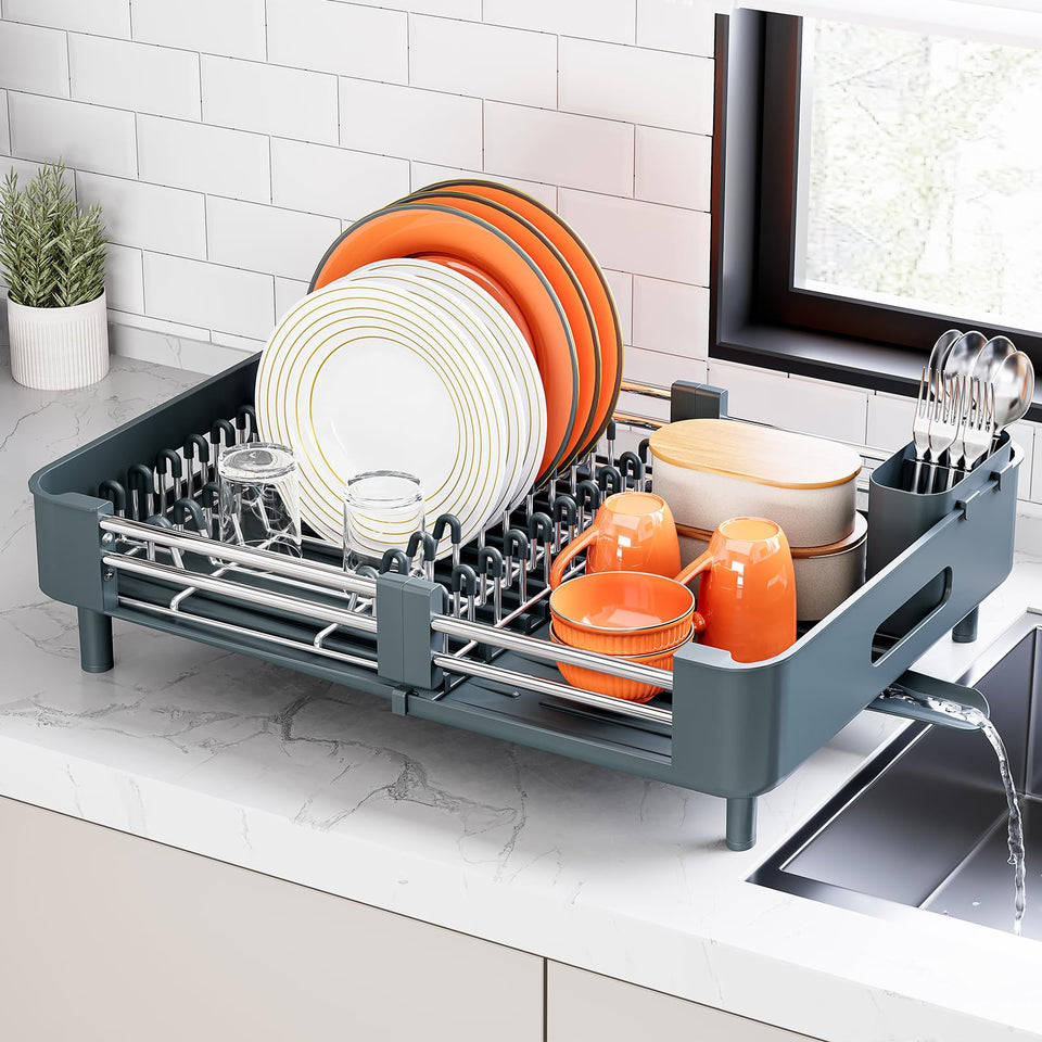 Urackify dish drying rack with extendable drainboard keeps counters tidy and dry.