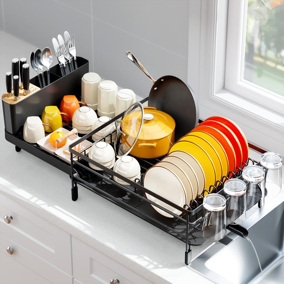 Urackify dish drying rack extended shows extra space for large loads