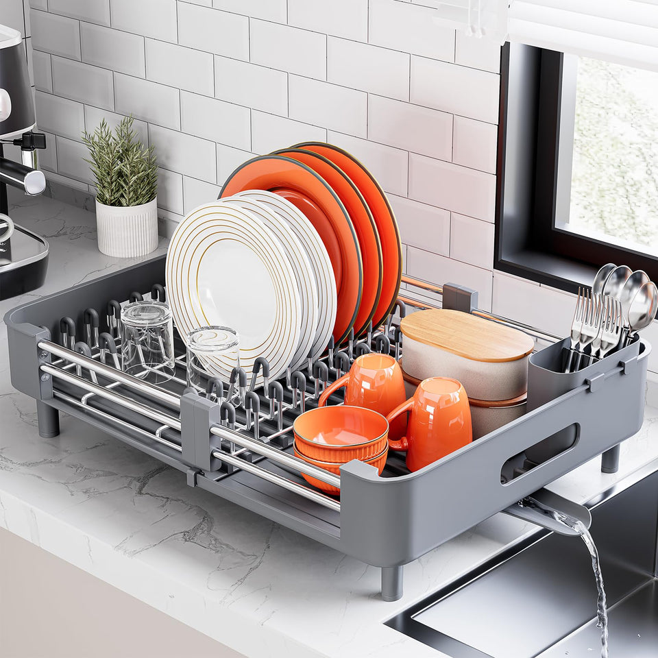 Urackify dish drying rack extended showcasing space-saving design for compact kitchens.