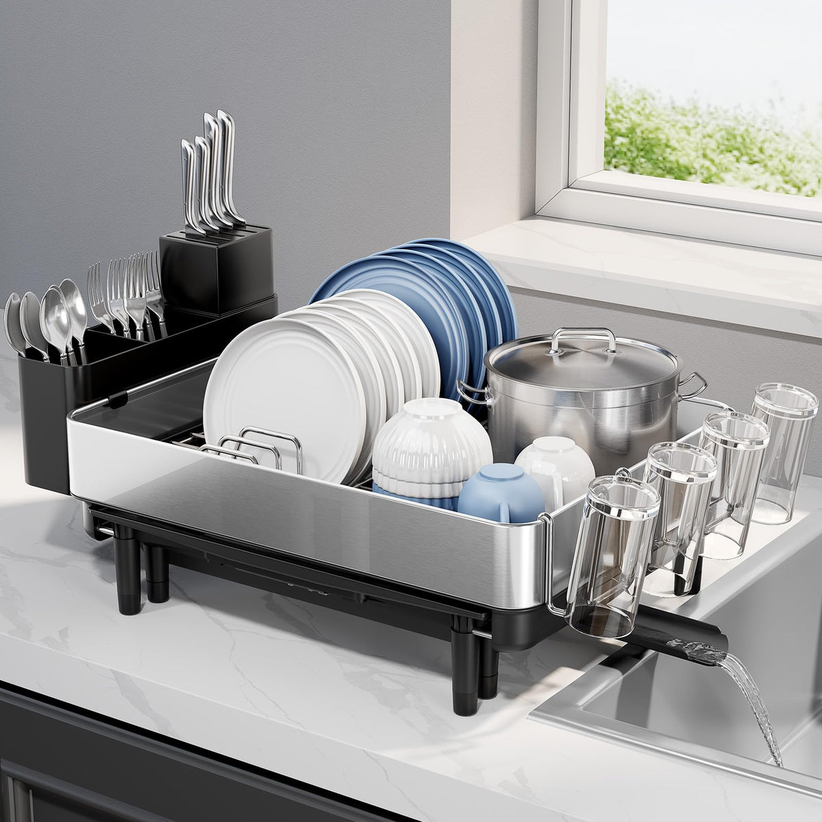 Urackify rack at full capacity with plates, bowls, and cups drying