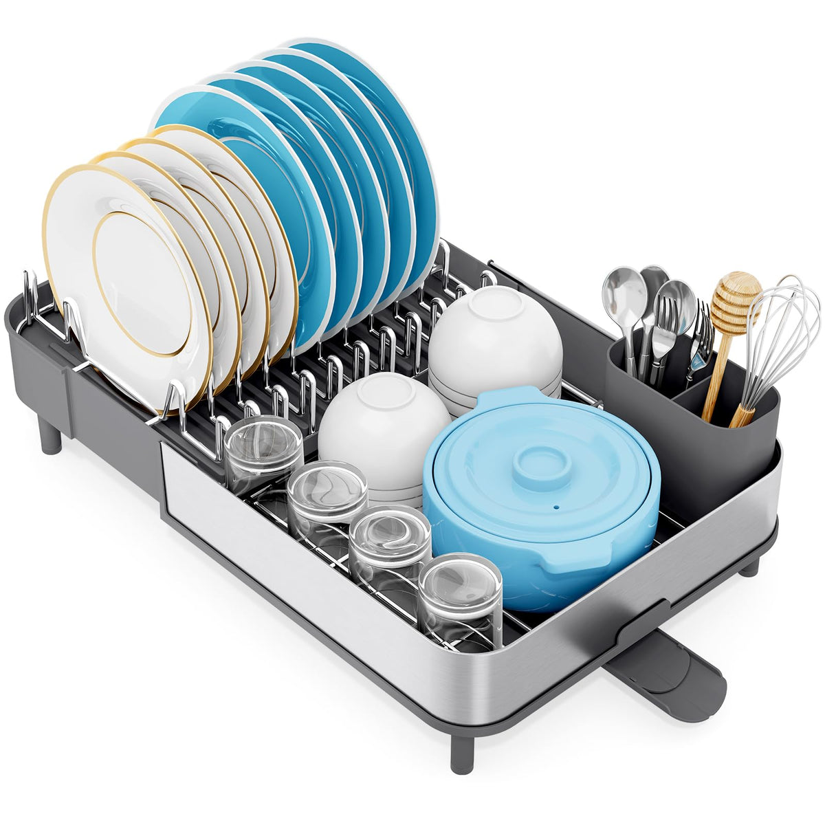 Urackify dish drying rack on countertop with grey finish for organized drying