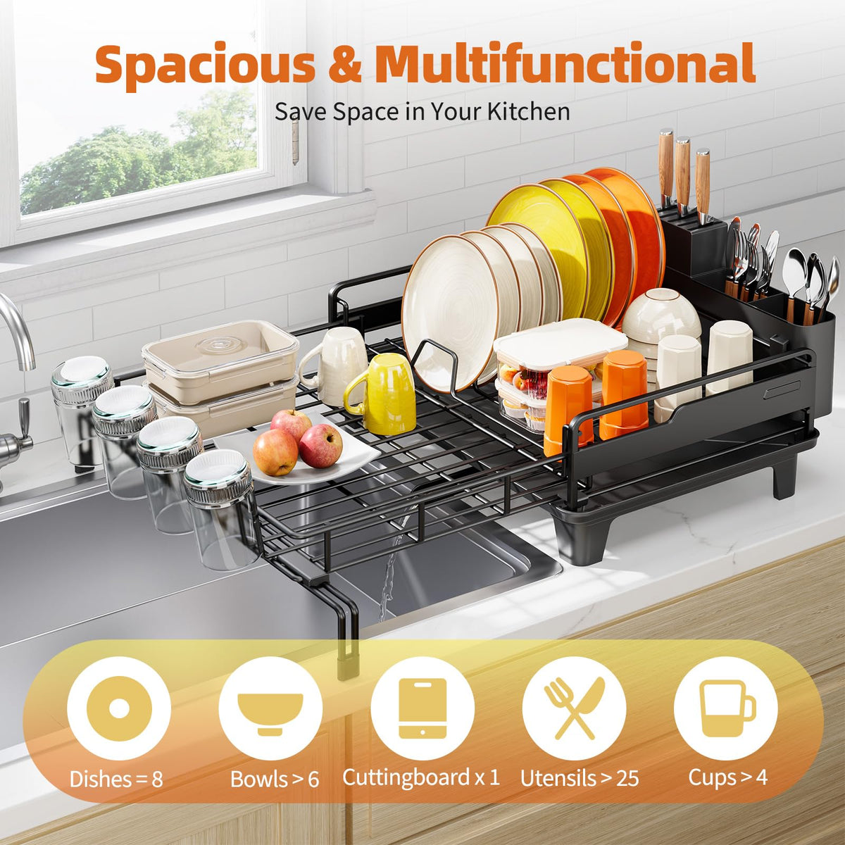 Urackify dish drying rack over-sink design keeps counters clean and saves space