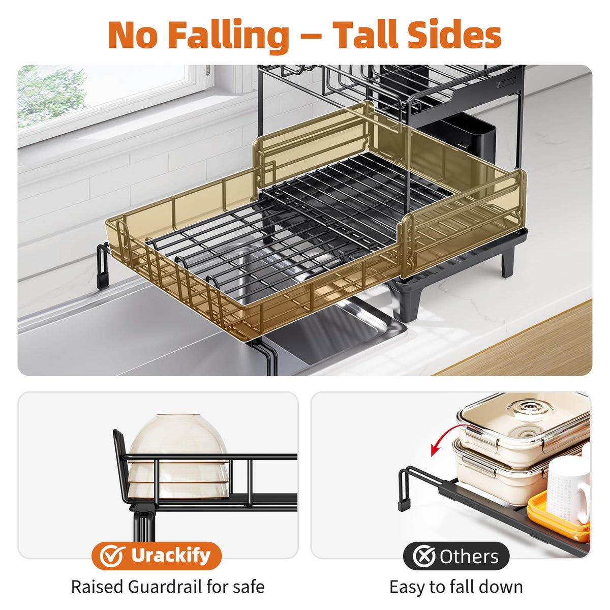 Urackify extend-over-sink design showing extra counter space while drying dishes.