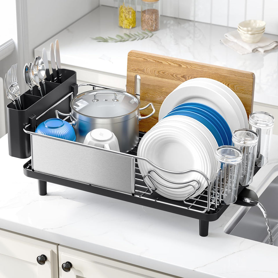 Urackify dish drying rack with rust-proof steel and large capacity for dishes.