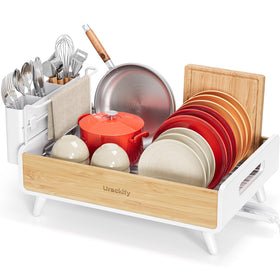 Urackify white dish drying rack with bamboo panels keeping counters organized
