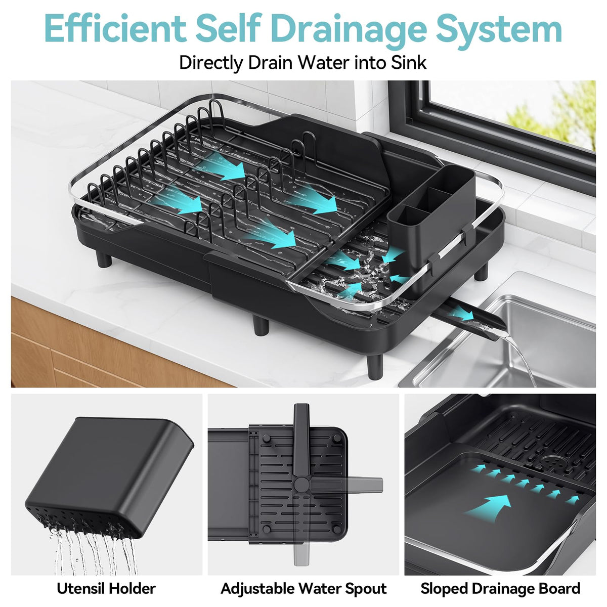 Urackify dish rack 3-way drainage directs water to sink, keeping counters dry.