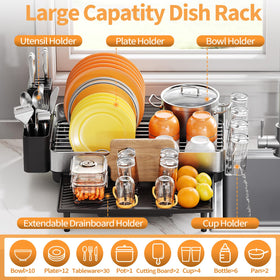 Urackify dish rack adjustable holders adapt to dishes, pans, and lids.