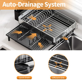 Urackify dish rack large capacity holds plates, bowls, cups, and utensils.
