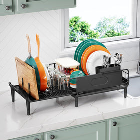Urackify dish rack organizes pans and lids neatly under the extendable arm.