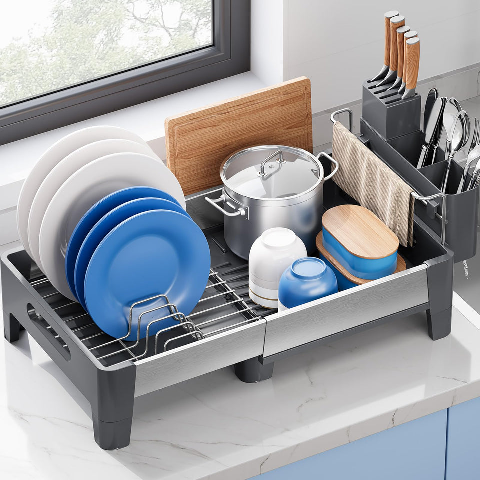 Urackify expandable dish drying rack assembled demonstrates space-saving design for compact kitchens.