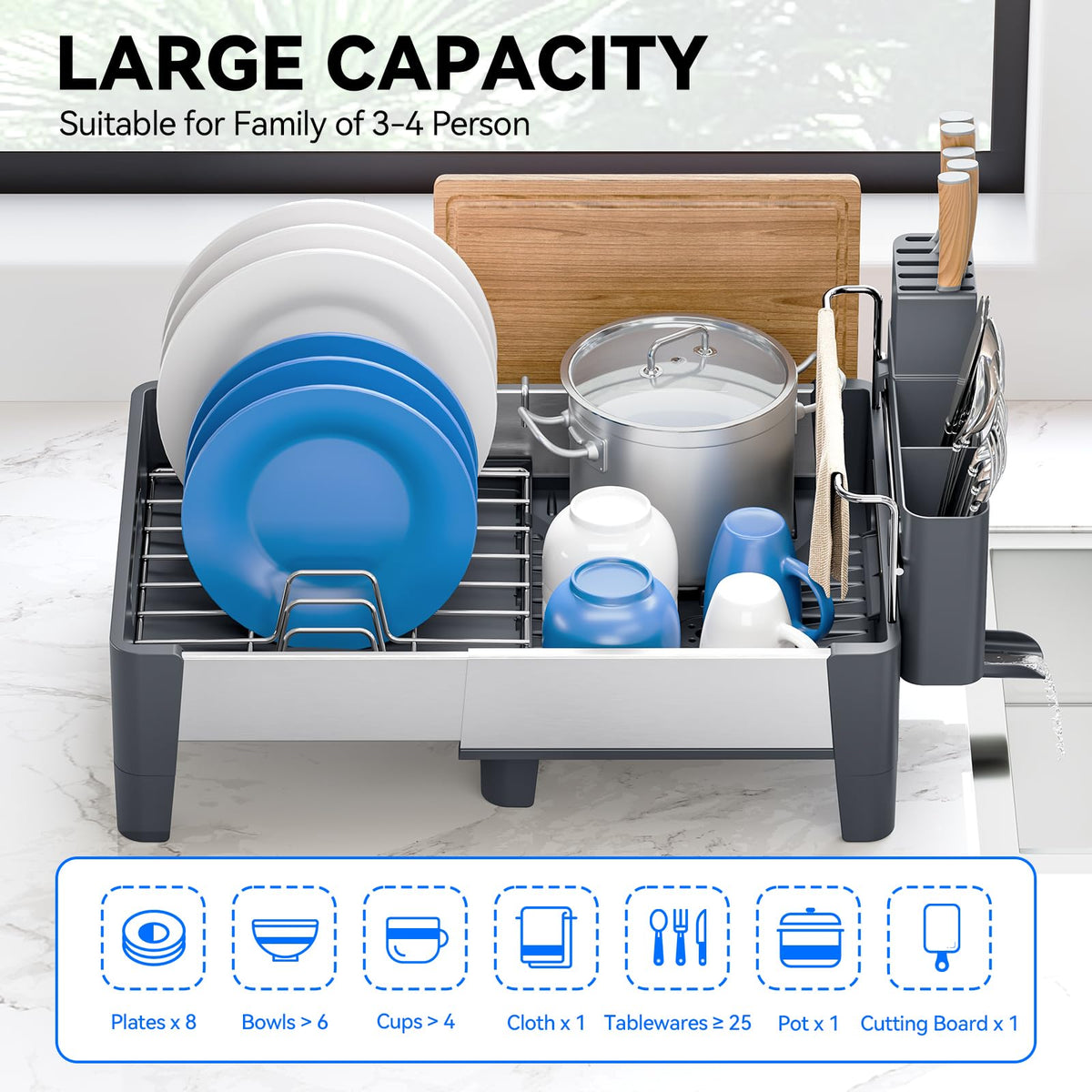 Urackify expandable dish drying rack extended shows increased capacity for plates, bowls, and glasses.