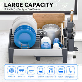 Urackify expandable dish drying rack extended shows increased capacity for plates, bowls, and glasses.