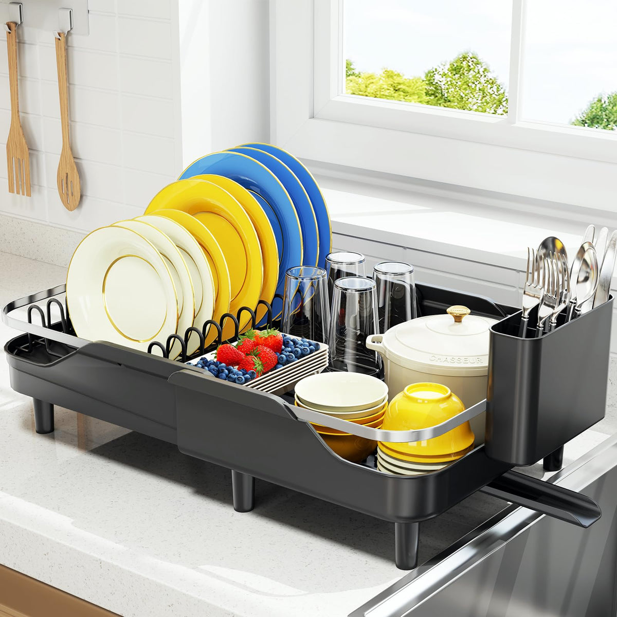 Urackify expandable dish rack with extended length for large loads and easy draining.