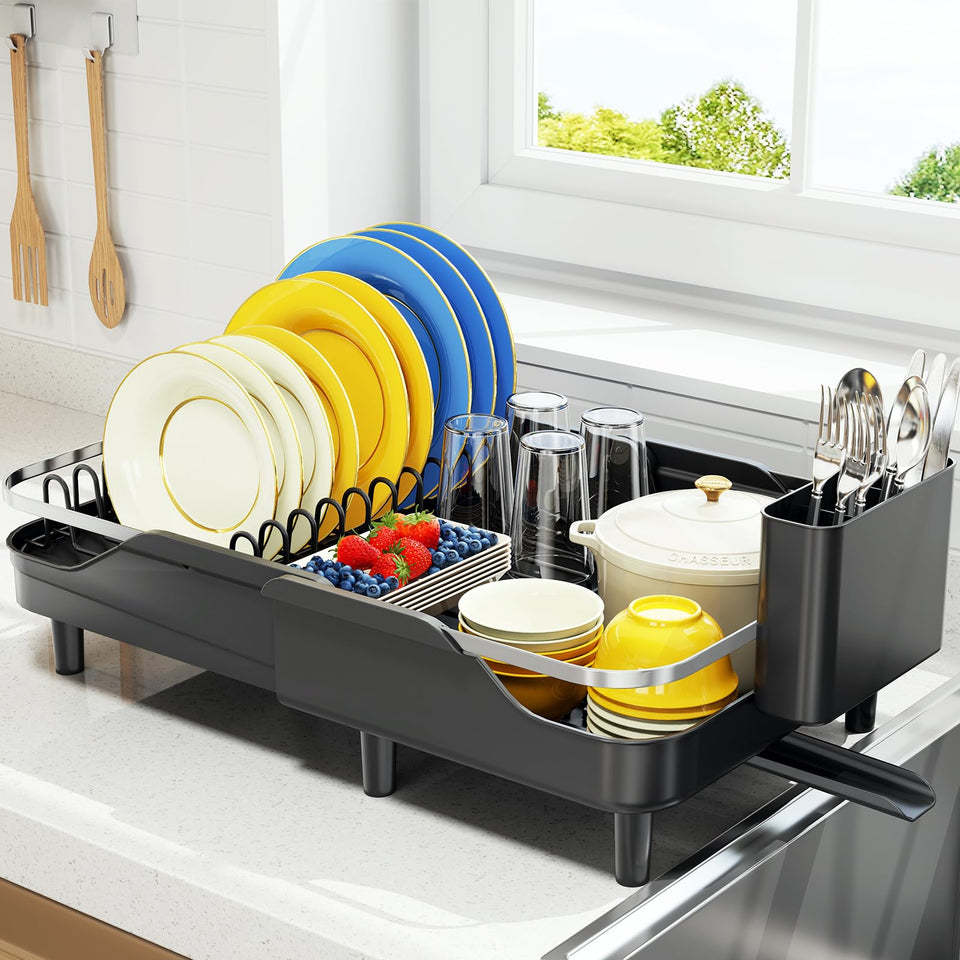 Urackify expandable dish rack with extended length for large loads and easy draining.