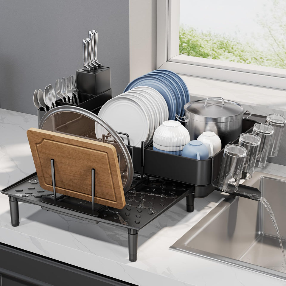 Urackify expandable dish rack extended to fit more dishes on a compact counter