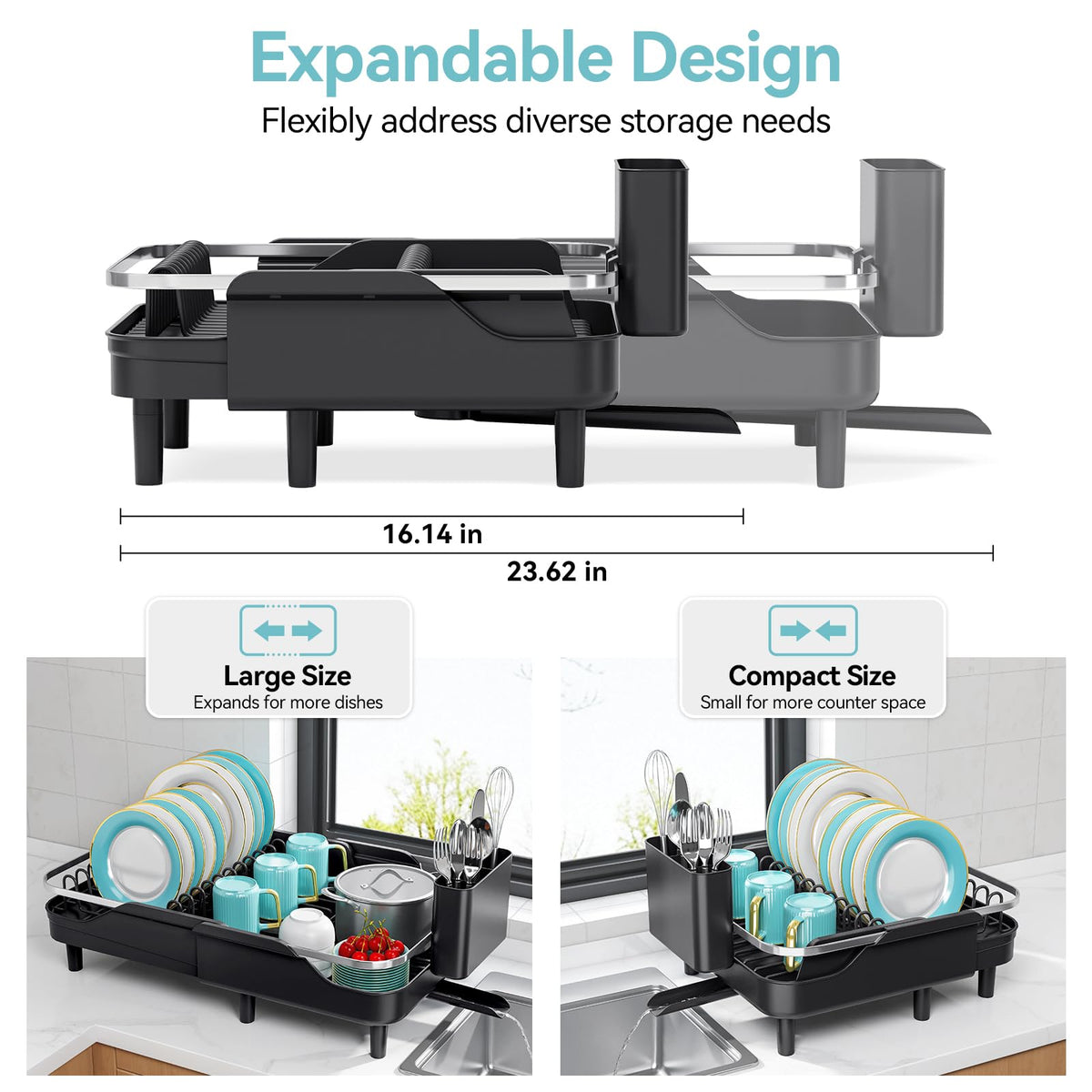 Urackify dish rack shows extended length and stable organization for mixed dishes.