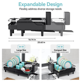 Urackify dish rack shows extended length and stable organization for mixed dishes.