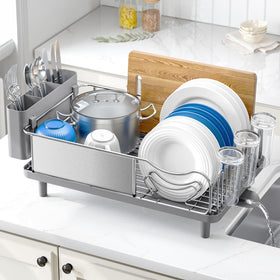 Urackify front-view stainless steel dish drying rack keeps counters organized.