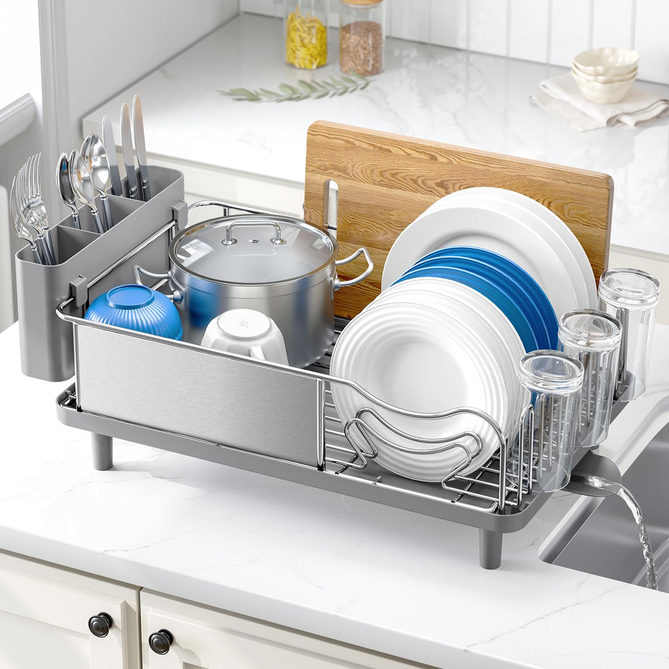 Urackify front-view stainless steel dish drying rack keeps counters organized.